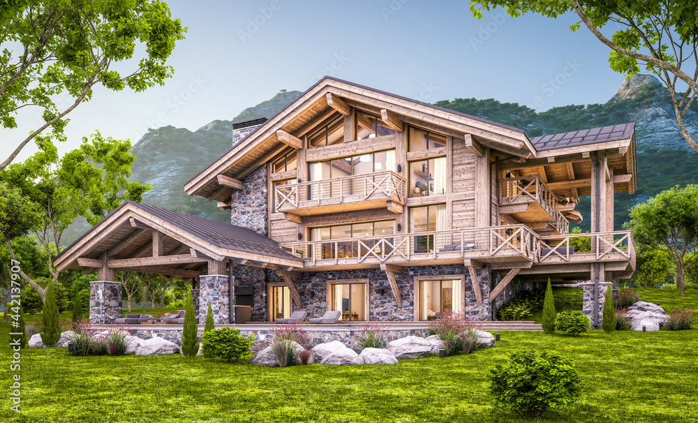 3d rendering of modern cozy chalet with pool and parking for sale or rent.  Massive timber beams columns. Beautiful forest mountains on background. Clear summer evening with cozy light from window
