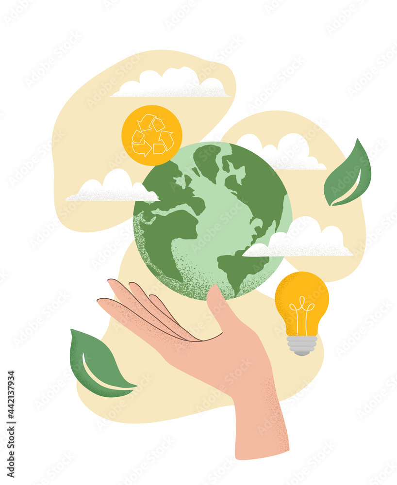 Vector illustration of human hand holding Earth globe, Recycle icon, light bulb, leaves and clouds. Concept of World Environment Day, Save the Earth, sustainability, ecological zero waste lifestyle - obrazy, fototapety, plakaty 