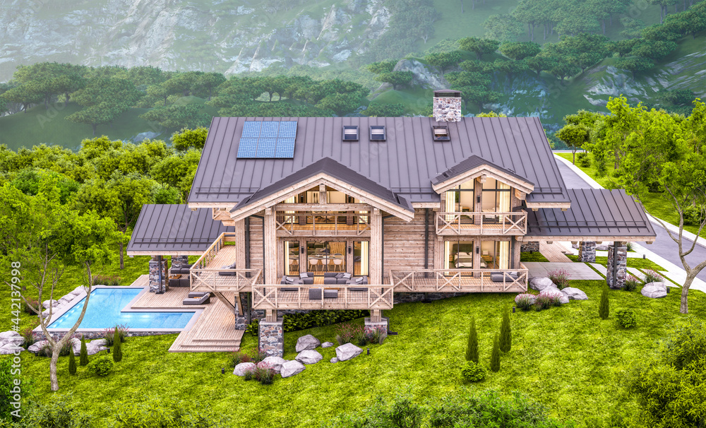 3d rendering of modern cozy chalet with pool and parking for sale or rent.  Massive timber beams columns. Beautiful forest mountains on background. Clear summer evening with cozy light from window