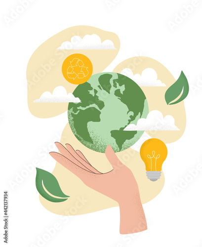 Vector illustration of human hand holding Earth globe, Recycle icon, light bulb, leaves and clouds. Concept of World Environment Day, Save the Earth, sustainability, ecological zero waste lifestyle