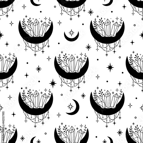 Vector magic celestial seamless pattern with moon, stars and mystic crystals. Boho abstract esoteric background with witchcraft symbols for fashion, fabric, textile, paper, poster, print