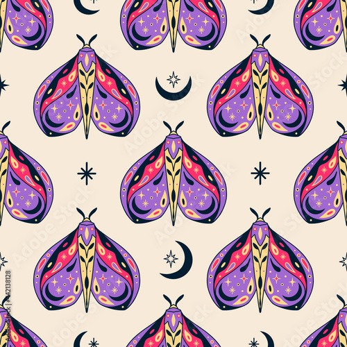 Vector magic celestial seamless pattern with moon, stars and mystic moths. Boho abstract esoteric background with butterflies for fashion, fabric, textile, paper, poster, print