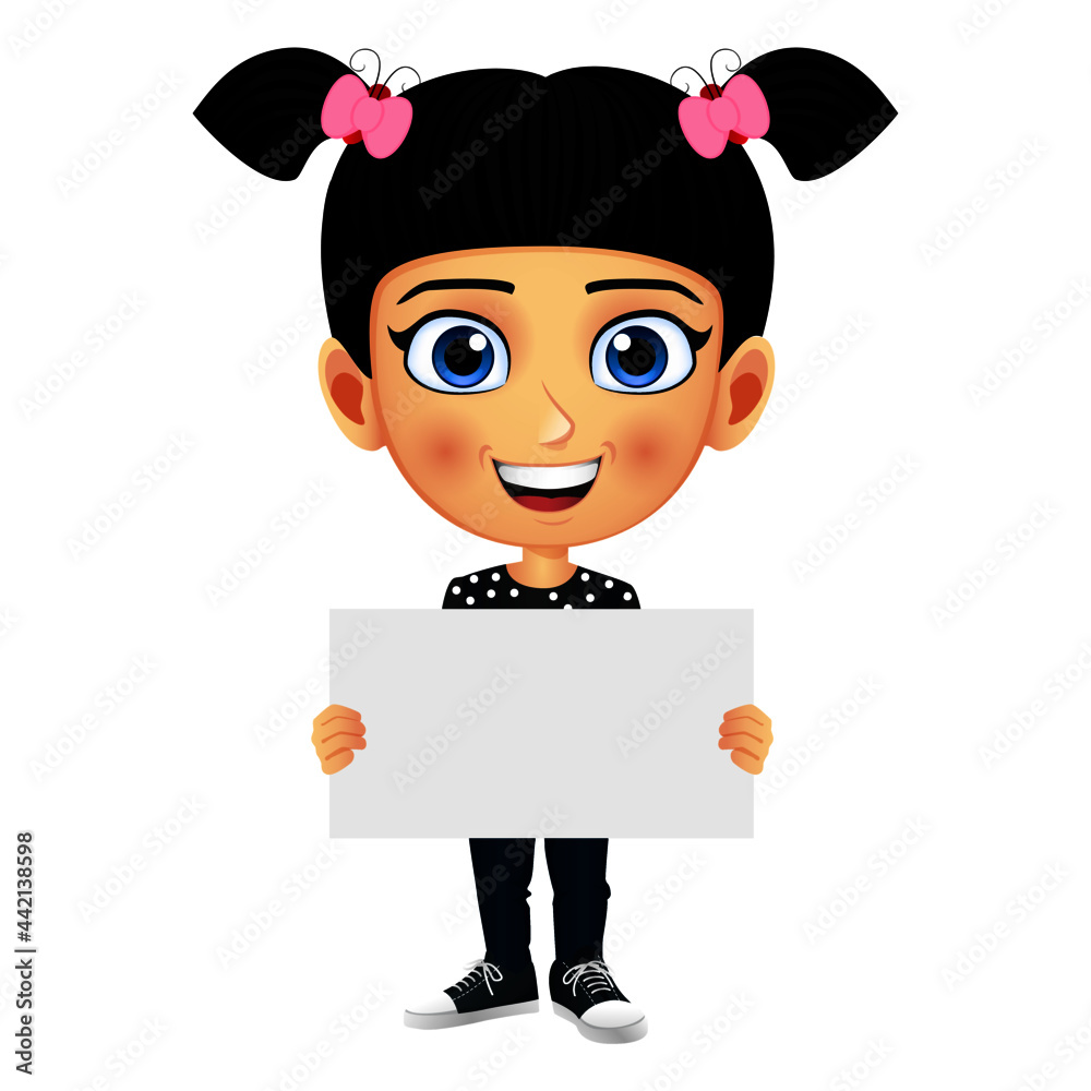 Happy kid girl mascot character standing with blank placard