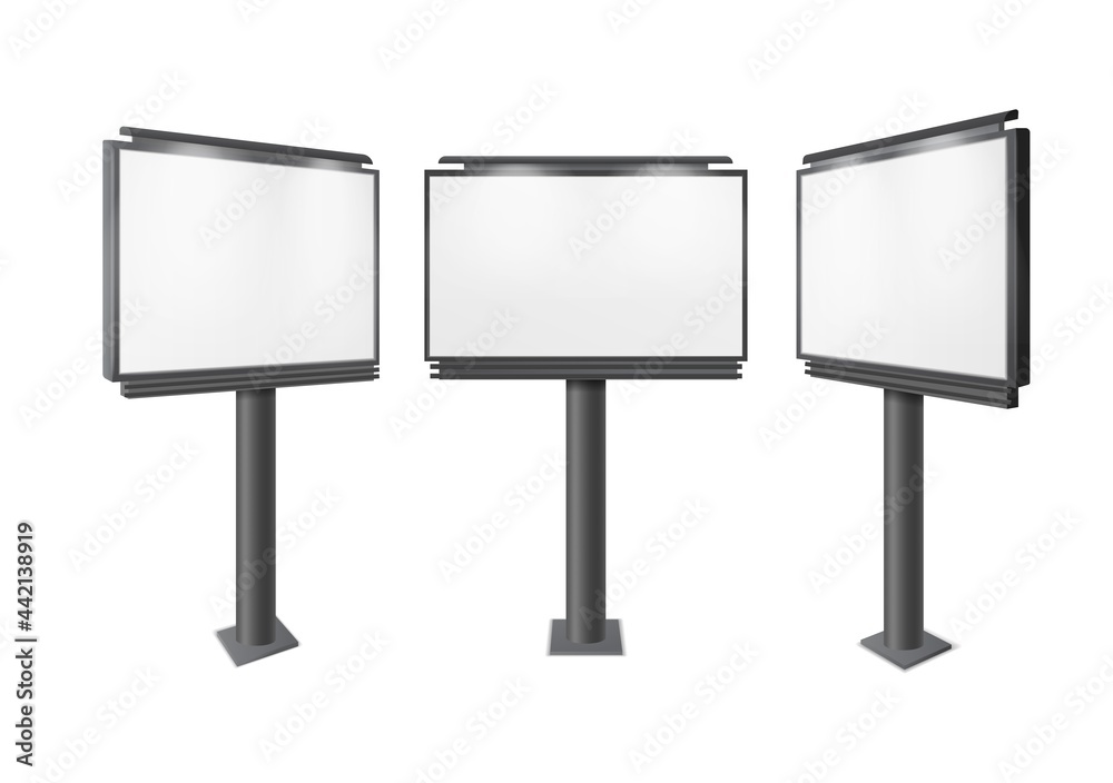 Fototapeta premium Blank billboard. Big advertisement construction mockup, different perspectives information board display, empty stand banner. Realistic promotion city street screen. Vector 3d illustration