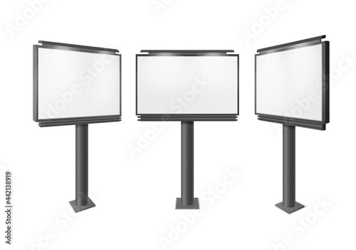 Blank billboard. Big advertisement construction mockup, different perspectives information board display, empty stand banner. Realistic promotion city street screen. Vector 3d illustration