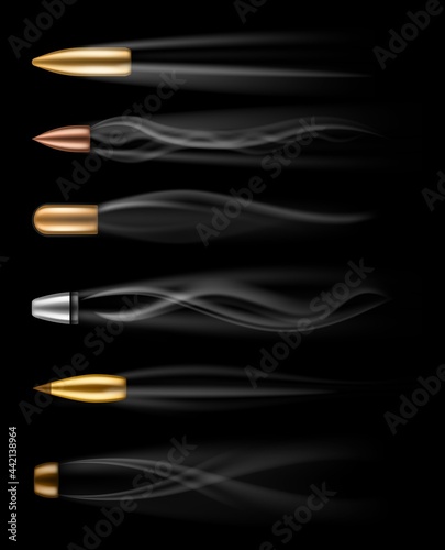 Bullets flying. Different fired bullet in motion with smoke traces realistic, gunshots firearm shooting metall bullets. 3d military objects various calibers, vector isolated on set