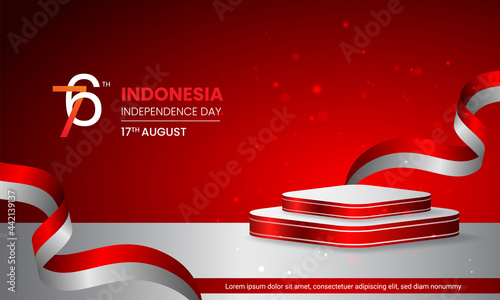 Indonesia independence day. Elegant podium in red background. Mockup, show product presentation template design