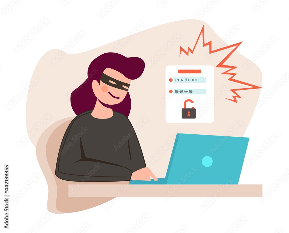 Woman hacker. Young girl cybercrime, female hacking account of social media or online bank vector concept