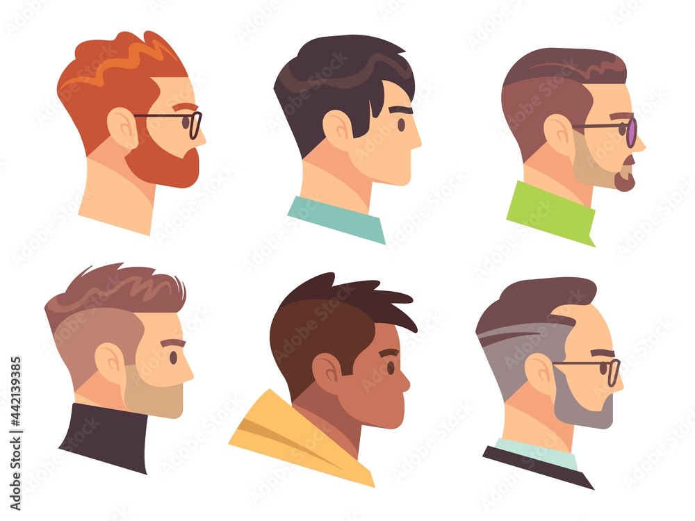Flat male head profile. Different men heads with different hairstyles and accessories. Colorful web avatars. Modern haircuts and beards, social media profile illustration vector isolated set Flat male head profile. Different men heads with different hairstyles and accessories. Colorful web avatars. Modern haircuts and beards, social media profile illustration vector isolated set