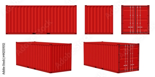 Container cargo. Red container front, side and perspective view, transportation delivery freight, international logistic shipping industry collection. Vector isolated on white illustration