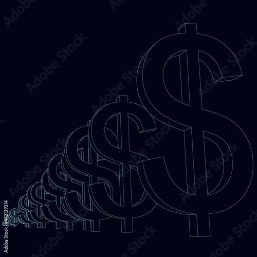 The outline of dollar signs increasing from afar. Vector illustration