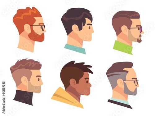 Flat male head profile. Different men heads with different hairstyles and accessories. Colorful web avatars. Modern haircuts and beards, social media profile illustration vector isolated set