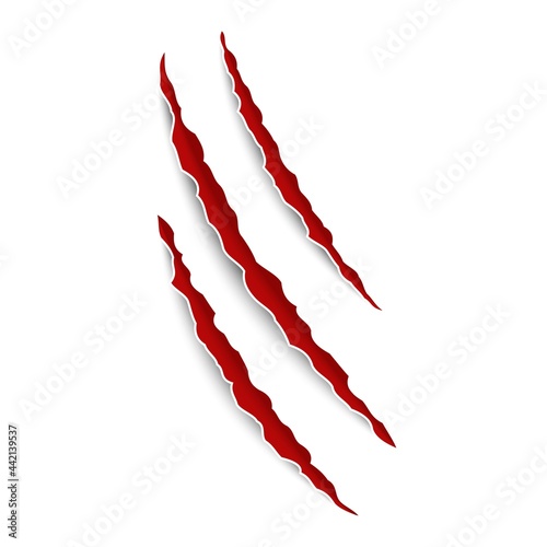 Claw animal tracks. Three claws scratches. Cat or tiger nails, bear or lion attack, halloween monster laceration decor element, red blood sharp wound silhouette. Vector isolated illustration