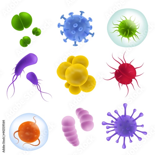 Realistic viruses types. 3d bacteria and germs, microorganism shapes and bacillus flu, covid-19 pathogen. Biological science laboratory. Colorful microbiology objects, vector isolated set