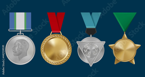 Sport awards. Military rosettes leadership golden medals decent vector templates of awards with red ribbons