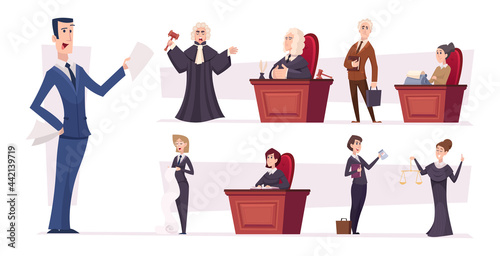 Lawyers team. Judges professional workers lawyers persons businessman characters exact vector people illustrations in cartoon style