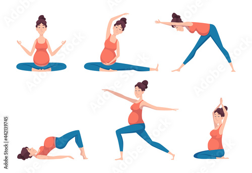 Yoga pregnant. Relaxed poses for pregnant characters sport health recreation education exact vector persons isolated