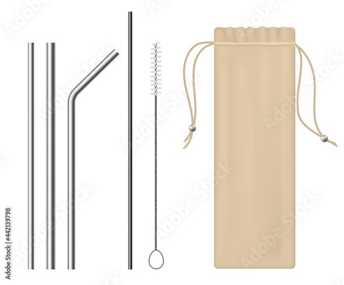 Straw bar equipment. Realistic stainless steel bio straws, beverage pipes tools kit, canvas bag packaging, cleaning brush ramrod. Eco reusable products. Cocktails and drinks tools vector set