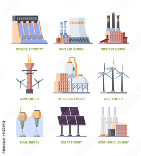 Electricity factory. Industrial plants buildings hydro systems electricity station garish vector flat templates