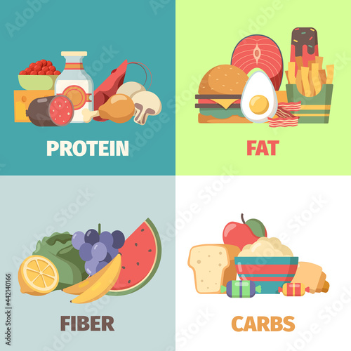 Food nutrition. Proteins fats carbohydrates fiber health products for natural diet nutrition group garish vector cartoon illustrations