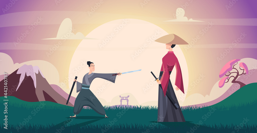 Samurai background. Warriors in action poses asian fighters exact ...