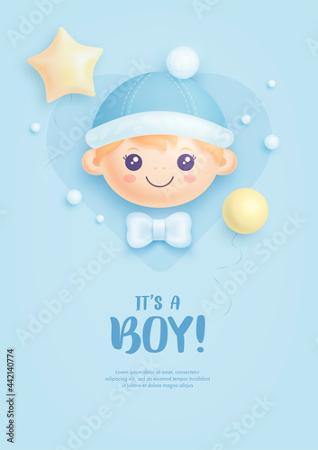 Baby shower invitation with cartoon baby boy and helium balloons on blue background. It's a boy. Vector illustration