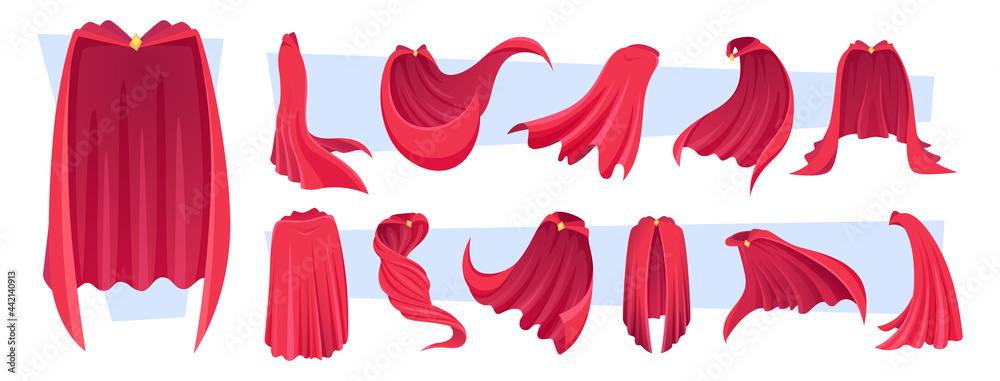 Hero cape. Red clothes textile stuff for superheroes textile suits exact vector cartoon templates collection Hero cape. Red clothes textile stuff for superheroes textile suits exact vector cartoon templates collection