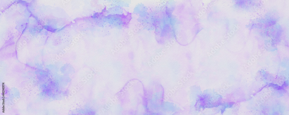 Beautiful purple and blue wet watercolor background with splash paint texture isolated on white canvas design