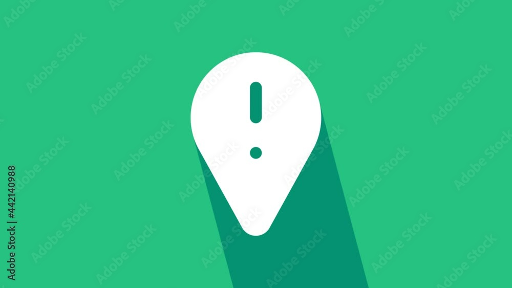 White Map pointer with exclamation mark icon isolated on green ...