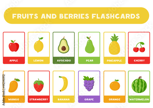 Cute cartoon fruits with names. Flash cards for children.