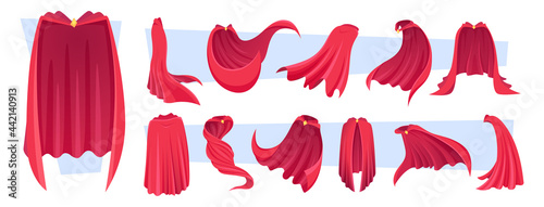 Hero cape. Red clothes textile stuff for superheroes textile suits exact vector cartoon templates collection