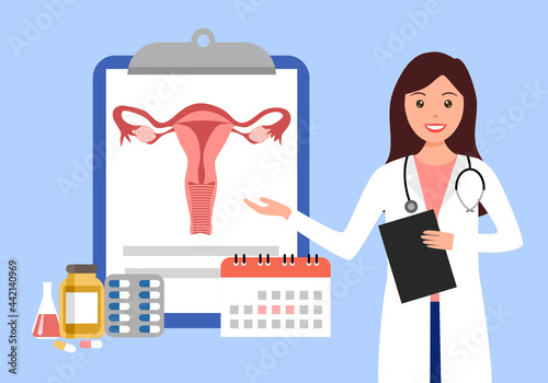 Doctor explaining on uterus structure and woman disease concept vector illustration on white background. Female gynecology internal organ flat design.