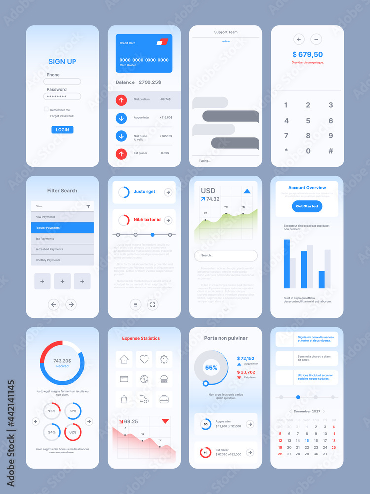 Web pages design. App online templates with user ui kit various modern symbols icons navigation frames search bar sliders buttons dividers garish vector illustrations