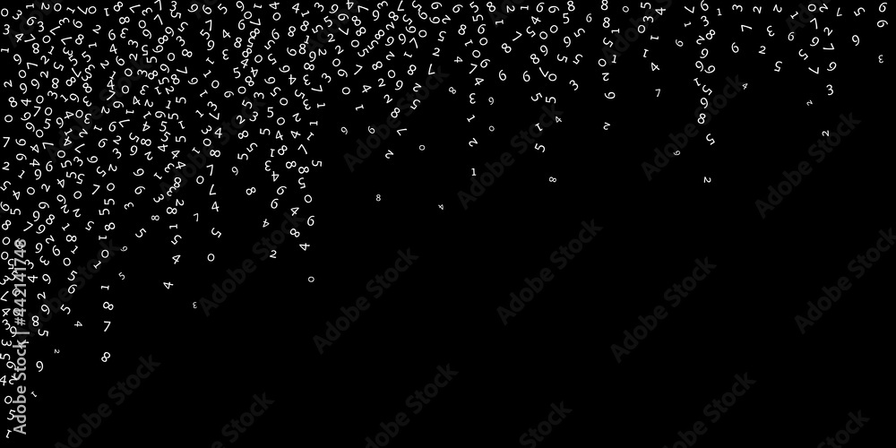 Falling numbers, big data concept. Binary white random flying digits. Gorgeous futuristic banner on black background. Digital vector illustration with falling numbers.