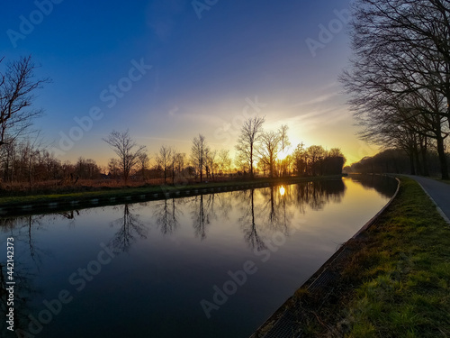 Fototapeta Naklejka Na Ścianę i Meble -  Scenic view of a beautiful sunset over the river in spring against the background of the blue and golden sky, the sun over the water and silhouettes of bare trees in the foreground. . High quality