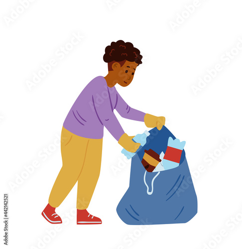 African American Boy Volunteer Collecting Trash Into Trash Bag. Vector Illustration. Isolated On White.