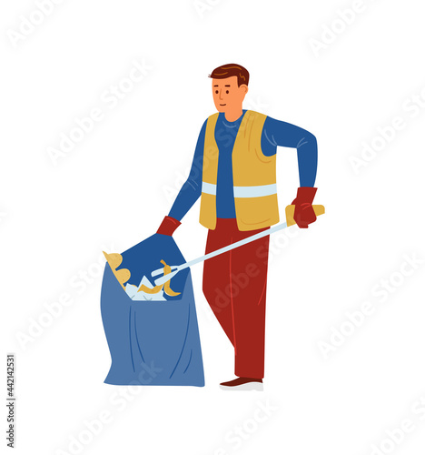 Man Volunteer collecting trash into trash bag with reach extender stick vector illustration. Isolated On White.