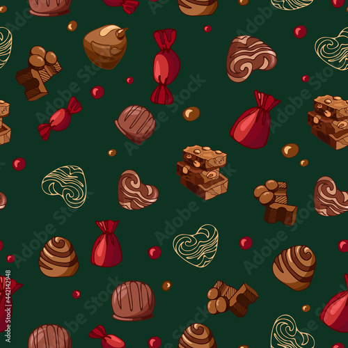 Seamless vector Christmas pattern of bright tasty pieces milk chocolate with nuts, sweets, dragees. World Chocolate Day. Dessert food illustration. Packaging, menu, cookbook, postcard, banner, poster.