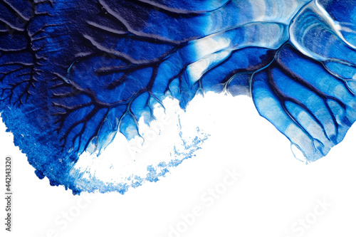 blue abstract acrylic painting color texture on white paper background by using rorschach inkblot method 