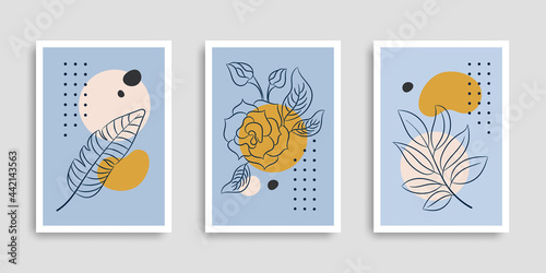 Botanical wall art set. Plants and abstract shapes in hand drawn style. Vector illustration line art. Collection cover. Modern wall. Design for print poster, cover, wallpaper. Stock