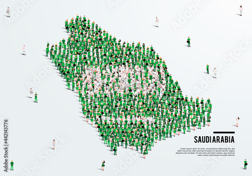 Saudi Arabia or KSA Map and Flag. A large group of people in the Saudi Arabia flag color form to create the map. Vector Illustration.