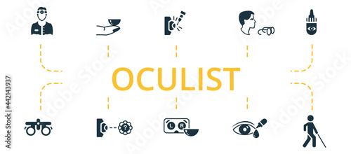 Oculist icon set. Contains editable icons theme such as medical glasses, trial frame, contact lens case and more.