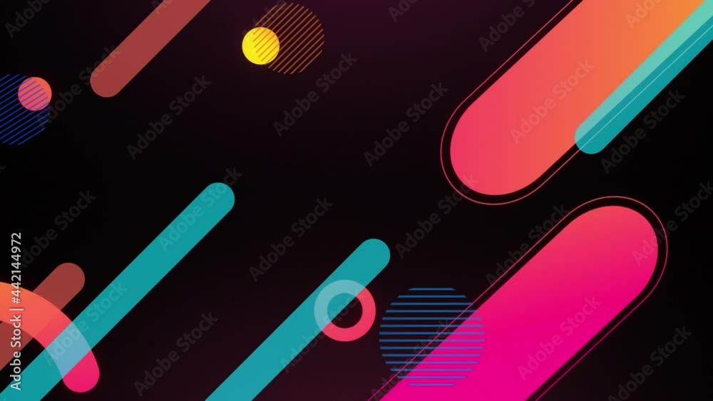 Animation of multi coloured shapes moving on black background