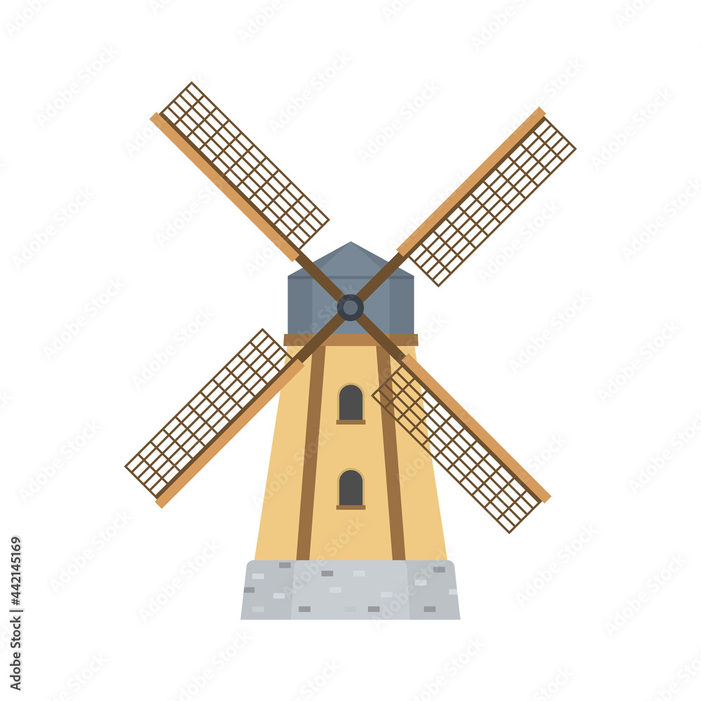 Mill for making flour from grain. Agriculture. Windmill, isolated on white background. Mill for making flour from grain. Agriculture. Windmill, isolated on white background.