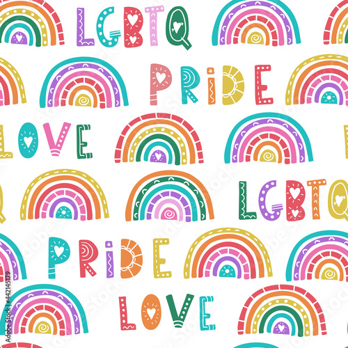 Fun hand drawn lgbtq seamless pattern, colorful background with letters, hearts, rainbows, great for textiles, banners, wallpapers, wrapping - vector design