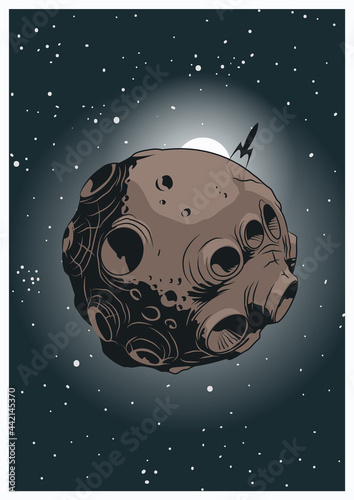 Asteroid and Space Rocket Vector Illustration, Retro Future Style Spacecraft