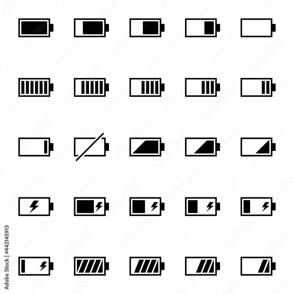 A pack of battery-related icons. Pure energy, electricity and charge thematic.