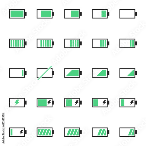 A pack of battery-related icons. Pure energy, electricity and charge thematic.