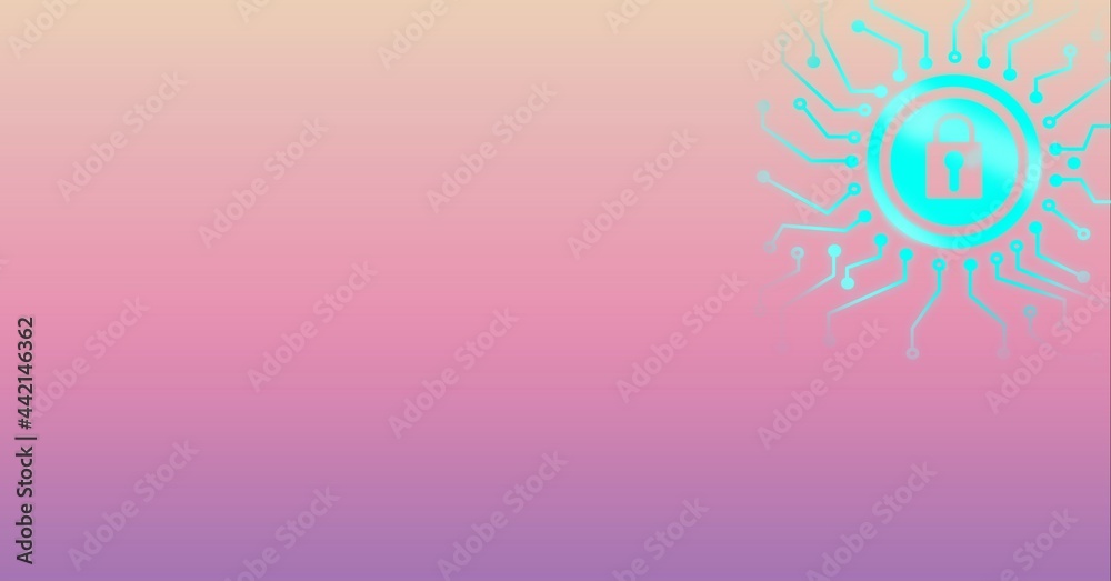Composition of digital padlock icon with copy space on pink background Composition of digital padlock icon with copy space on pink background