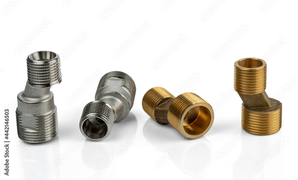 Two pairs of eccentrics connectors in brass and stainless steel. Eccentric mixer adapter faucet. Isolated on white background.. Two pairs of eccentrics connectors in brass and stainless steel. Eccentric mixer adapter faucet. Isolated on white background..